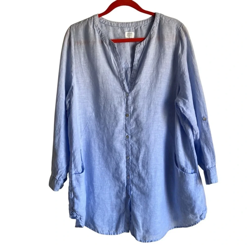 Sigrid Olsen Sky Blue Linen Button Up Pocketed Tunic Shirt Lagenlook Resort XXL - Picture 2 of 16